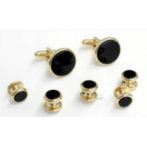 Classic Big and Tall Black Round Onyx Stone Cufflinks and Studs